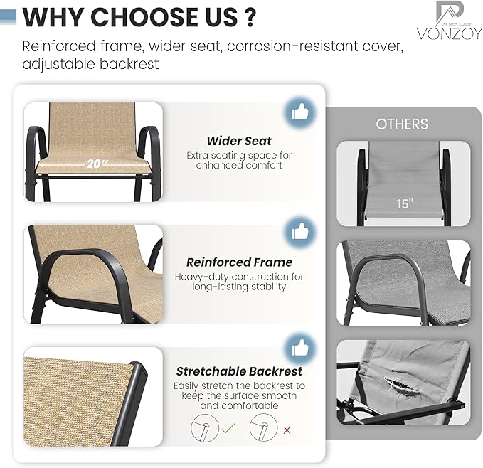 Patio Dining Chairs Set of 4, Outdoor High Stacking Chairs for All Weather, Breathable Seat Fabric and Alloy Steel Frame for Backyard, Porch, Garden (Brown) VonzoyHome
