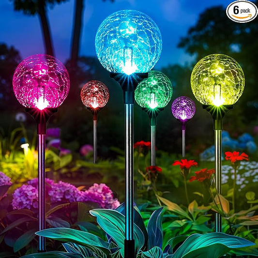 GIGALUMI Solar Garden Lights 6 Pack, Outdoor Solar Lights for Yard Decorative, Christmas Lights Outdoor Decorations Waterproof, Multi-Colored Changing Garden Globes Cracked Glass Ball with LED Lights GIGALUMI