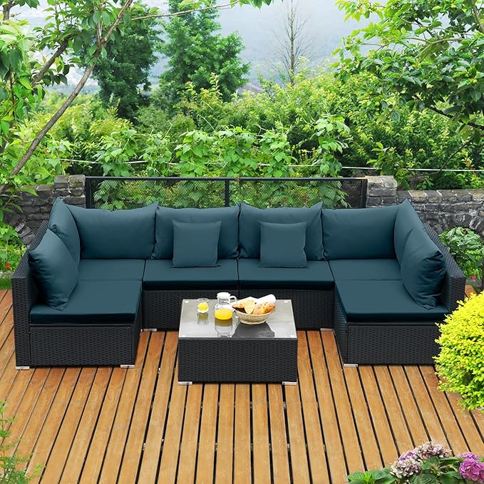 Tangkula 7 Piece Patio Furniture Set, Outdoor Wicker Sectional Sofa with Pillows and Cushions, and Coffee Table, Patio Conversation Set for Garden, Lawn (Peacock Blue) TANGKULA