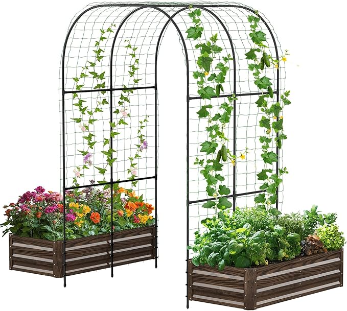 DoCred 3 in 1 Raised Garden Bed with 87in Tall Arch Trellis for Climbing Plants, Galvanized Planter Garden Box Outdoor for Gardening, Climbing Vegetables, Flower DoCred