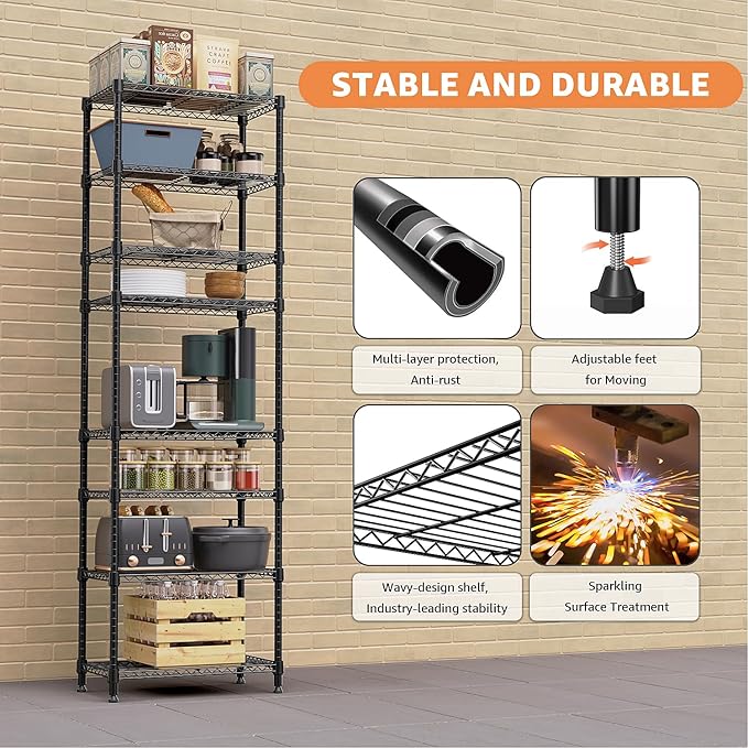 8 Tier 2000 lbs Storage Rack Metal Wire Shelving Unit, Storage Standing Shelf Organizer for Laundry Bathroom Kitchen Pantry Closet Garage Basement Utility Room, Black 13.8" D x 23.6" W x 79.5" H MEIGAOPLASTICANDMETALHKCOLIMITED