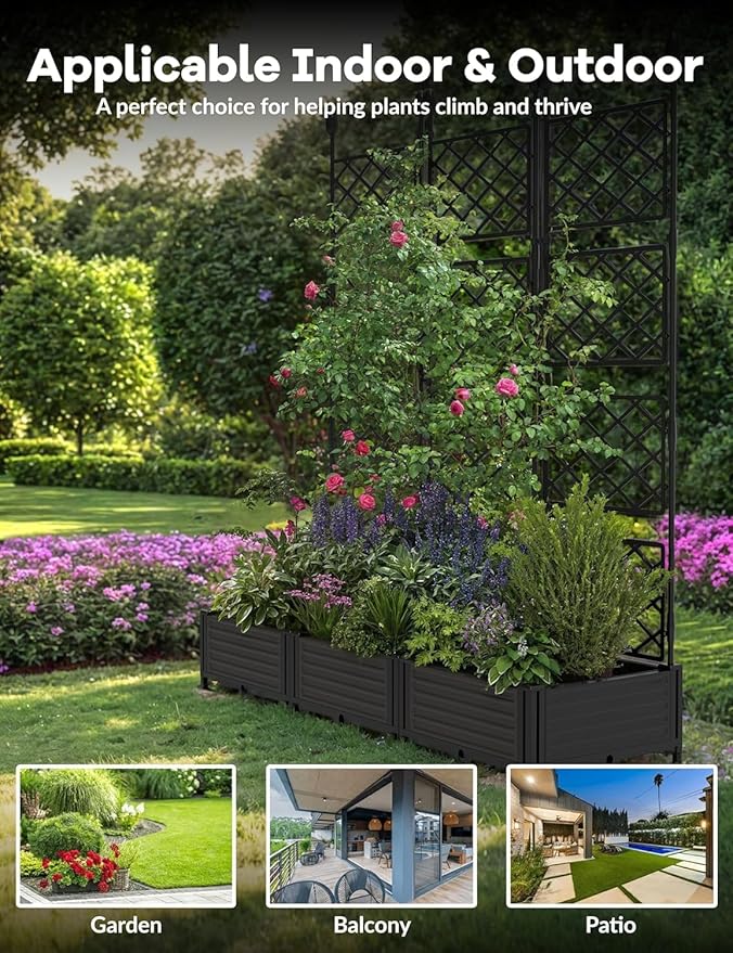 IDEALHOUSE Raised Garden Bed Kit with Trellis, Vertical Metal Planter Box for Small Space, Balcony Privacy Screen for Climbing Plants & Flowers, Patio Vertical Gardening Solution, Black IDEALHOUSE