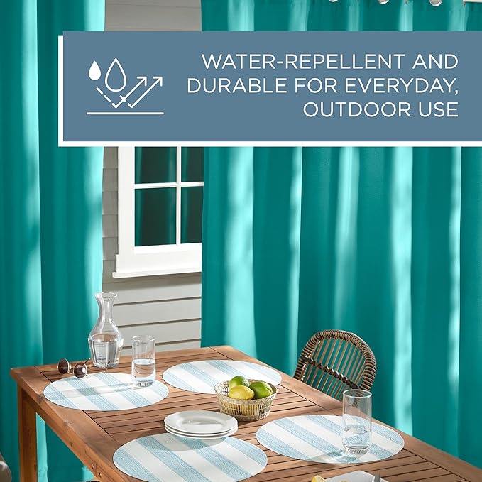 TOWN & COUNTRY BASICS Cabana Solid Heavyweight Indoor Outdoor Curtains, Light Filtering Opacity with Grommet Top, Water Repellent, 2-Pack Set, 54"x84", Teal TOWN+%26+COUNTRY+BASICS