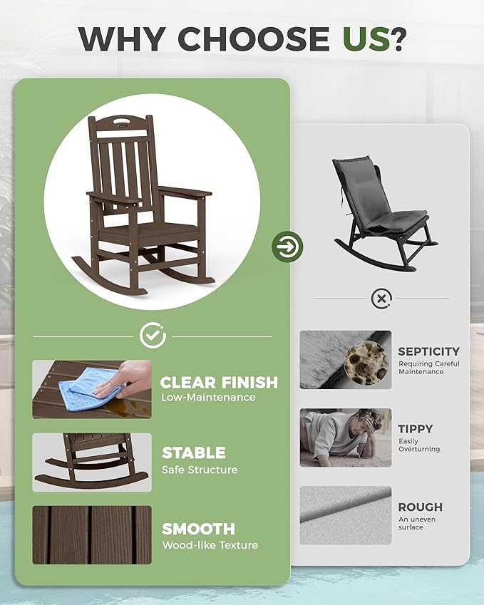 Oversized Outdoor Rocking Chair, HDPE All Weather Resistant Rocking Chairs for Patio, High Back Porch Rocker Chair, 380lbs Weight Capacity, Brown Suunyn