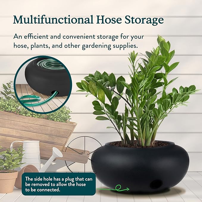 The HC Companies 21 Inch Garden Hose Pot - Durable Lightweight Plastic Decorative Hose Pot for Yard, 100-Foot Capacity Hose Storage, Black TheHCCompanies