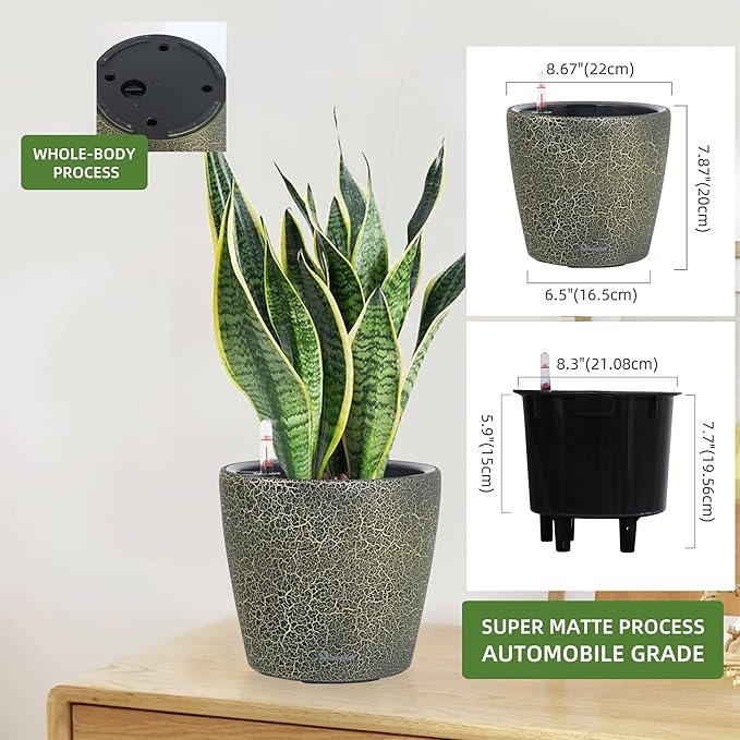 Dexceder 9x8 Inches Self Watering Planter Indoor Outdoor, Inner Pot Design, Thickened Table Flower Plant Pot with Water Level Indicator (Black Gold Crackle) Dexceder