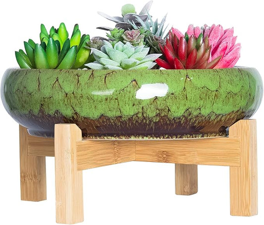 ARTKETTY Succulent Pot, 10 Inch Large Succulent Planter Pot with Stand, Ceramic Bonsai Pot with Mess Drainage Screen Shallow Cactus Flower Pot for Indoor/Outdoor Plants ARTKETTY