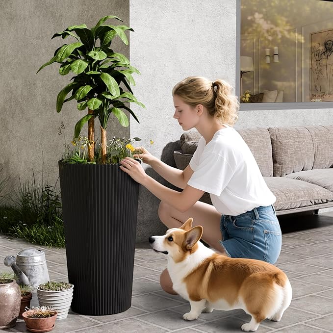 23.6" Tall Planters for Outdoor Plants,Large Outdoor Planters for Front Porch Decor with Drainage Hole, Flower Pots Fits Indoor Plants Patio/Garden, Plastic Striped Black (2 Pack) Outdoorchairs