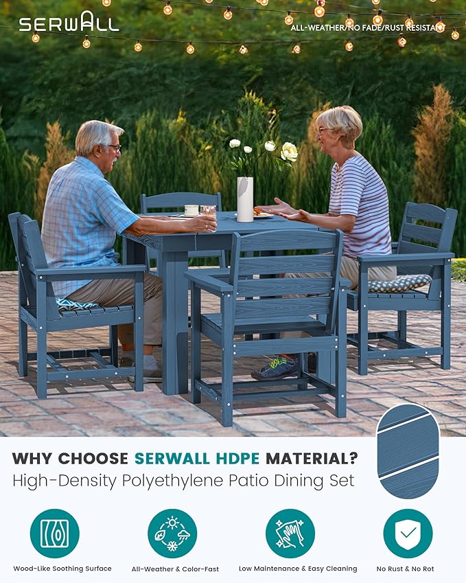 SERWALL Outdoor Dining Set for 4, HDPE Square Table and Chairs Set All Weather Patio Dining Set, 5-Piece Patio Dining Furniture for Deck, Blue SERWALL
