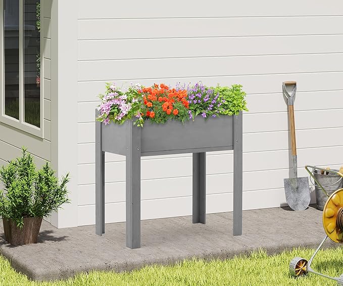 SoliWood Set of 2 Raised Garden Bed with Legs, 31x16x31'', Outdoor Wood Elevated Planter Box, Grey Cedar, Thick Legs, w/Liner OutdoorFurniture
