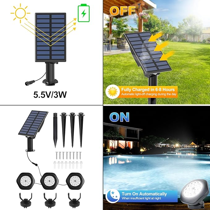 Solar Pond Lights, 18 LED Super Bright Underwater Spotlights LED Submersible Pond Light IP68 Waterproof Fountain Lights for Fish Aquarium Tank Garden Yard Pool Decor Cold White (3-in-1) CREPOW