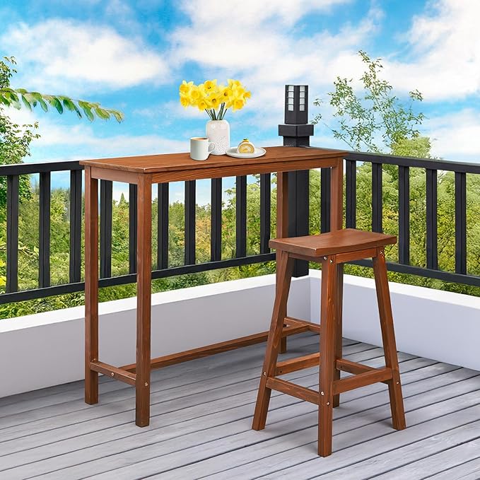 VINGLI Wooden Outdoor Bar Table, Wood Patio Counter Height Table, Weather-Resistant Patio Pub Table for Garden, Balcony, Poolside, Backyard, Indoor Use (Brown, 45") VINGLI
