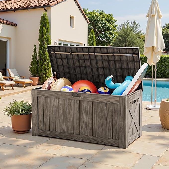 Greesum Outdoor Storage Box 120 Gallon Storage Bin with Lid for Patio Furniture, Garden Tools, Pool Supplies, Lockable, Waterproof and UV Resistant, Coffee BuynowfromGreesum