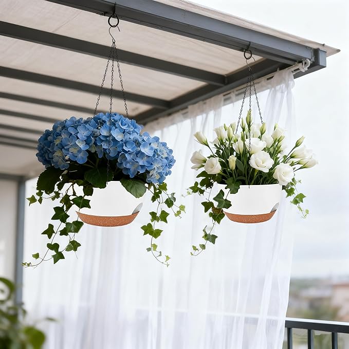 Set of 2-8 Inch Self Watering Hanging Planters for Indoor Outdoor，Hanging Plant Pots with Drainage & Removable Tray, Hanging Pots Holder for Ivy, Pothos, Ferns, Balcony & Patio, White Brown zople