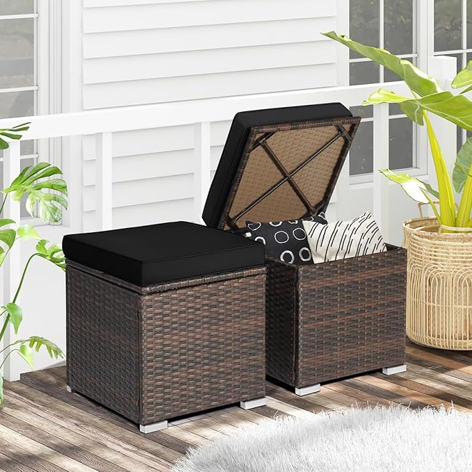 RELAX4LIFE Wicker Outdoor Storage Ottoman, 2-Piece Rattan Footstool w/Removable Cushion, Multipurpose Footrest Stool Side Table Additional Seating, Set of 2 Outdoor Ottomans for Patio Deck (Black) RELAX4LIFE