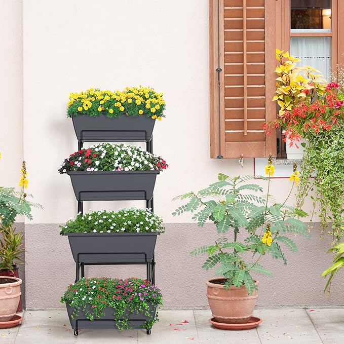 OYEAL Raised Garden Bed 4 Tier Vertical Garden Planter Indoor Outdoor Raised Planter Box with Legs Elevated Herb Garden Planters for Flowers Vegetables Plants, Grey OYEAL