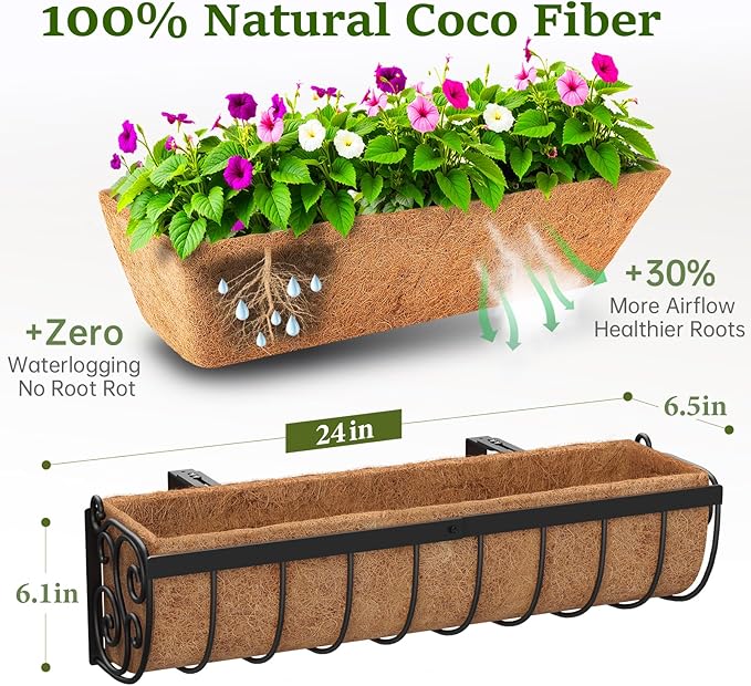 Railing Planter Boxes, 24 Inch Window Boxes Planters, Balcony Planters with Adjustable Brackets & Coco Liner & Support Rod for Outdoor Fence, Deck, Porch, and Patio Gardening, 2 Pack VOXOR