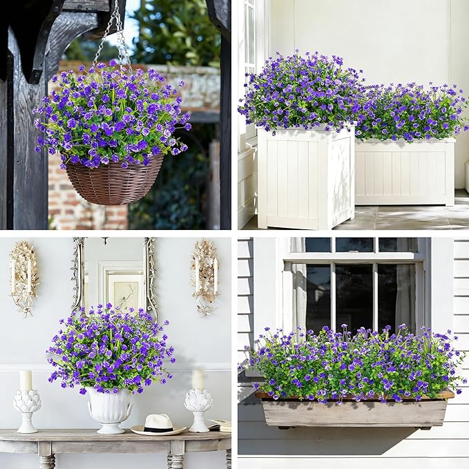 20 Bundles Artificial Flowers for Outdoors Fake Plastic Flowers UV Resistant Realistic Faux Plants Shrubs for Spring Summer Garden Porch Yard Patio Planter Window Box Home Decor, Purple Besteek