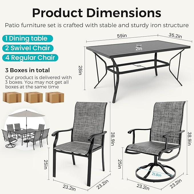 Pamapic 7-Piece Outdoor Dining Set, Patio Dining Set for 6, All-Weather Outdoor Patio Set with 2 Textilene Swivel Chairs & 4 Regular Chairs for Garden, Poolside, Deck，Gray Pamapic