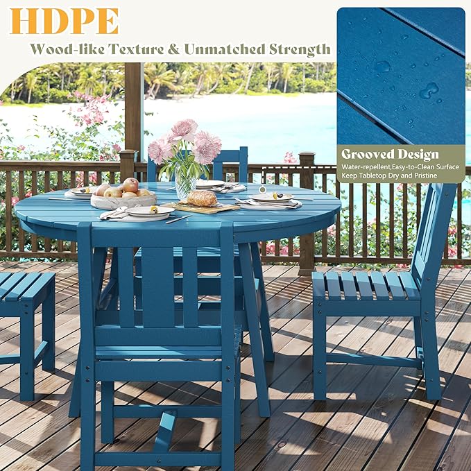 AMERLIFE 5 Piece HDPE Outdoor Dining Table & Chairs Set, All-Weather Patio Table and Chairs Set Furniture with Umbrella Hole for Garden, Backyard, Poolside, Seaside, Blue AMERLIFE