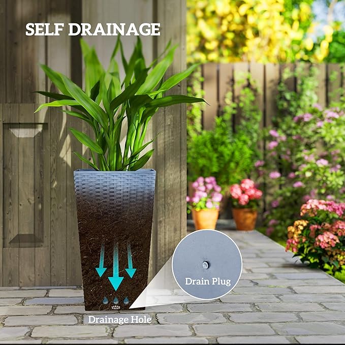 Outsunny Tall Planters for Outdoor Plants Set of 3, 24 in Taper Planters with Drainage Holes, Rattan Decor Plant Pots for Indoor Outdoor Front Porch Patio Backyard, Light Gray Outsunny
