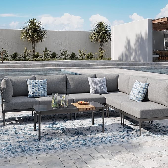 Sundale Outdoor 7 Pieces Metal Patio Furniture Set, Outdoor Sectional Sofa with 6 Inch Olefin Cushion, Modern Outdoor Conversation Sets with Coffee Table for Backyard, Poolside, Sunroom SundaleOutdoor