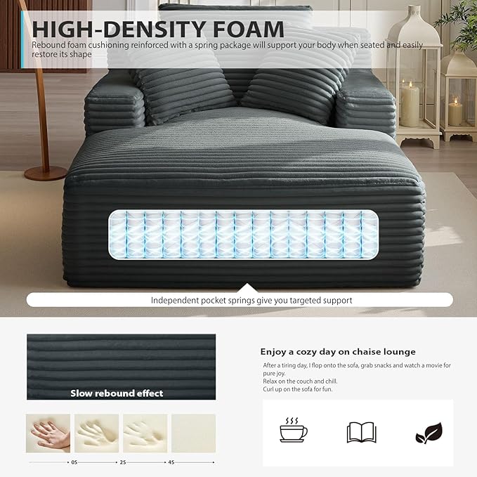 50 Inch Chaise Lounge Chair Indoor, Oversized Corduroy Upholstered Boneless Sofa Bed, Deep Seat Sleeper Couch Reading Chairs, Cloud Sofas Couches for Living Room, No Assembly Required (Dark Grey) ivoros