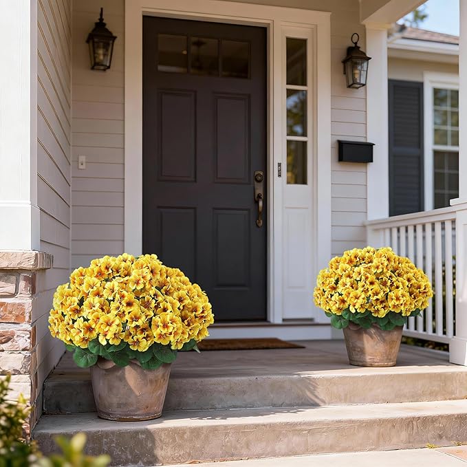 2 Pack Artificial Geranium Flowers Topitary Trees for Outdoors, UV Resistant Geraniums Potted Bushes Look Real Silk Faux Plants for Front Door Garden Porch Planter Farmhouse Home Decor (Yellow) GLIDLION