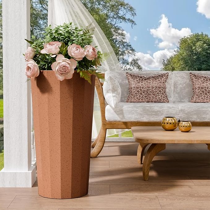 23.6" Tall Outdoor Planters Set of 2, Large Planters for Outdoor Plants for Porch Decor with Drainage Hole, Wide Stripe Design Porch Flower Pots for Indoor Pot Patio/Garden, Terracotta Outdoorchairs