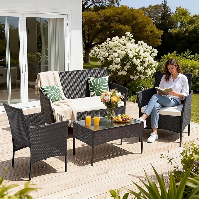 FDW | 4-Piece Patio Furniture Set | Brown | Outdoor Wicker Furniture with Coffee Table | Modern Rattan Chairs Conversation Set | Outdoor Seating | Weather-Resistant | for Porch, Garden, Lawn FDW