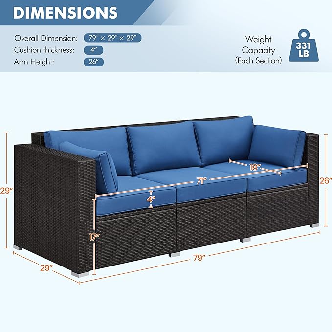 Yaheetech 3-Seat Patio Wicker Sofa, Outdoor Rattan Couch with Furniture Cover, Deep Seat High Back with Cushions & Throw Pillows for Deck/Porch/Balcony/Yard, Brown/Dark Blue Yaheetech