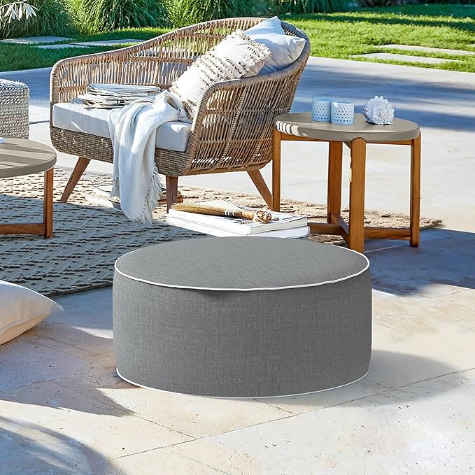 LVTXIII Outdoor/Indoor Inflatable Ottoman, 21"x21"x9" Patio Footrest Stool, Portable Round Pouf Ottoman for Patio Garden, Camping or Home Decoration, Grey Textured LVTXIII