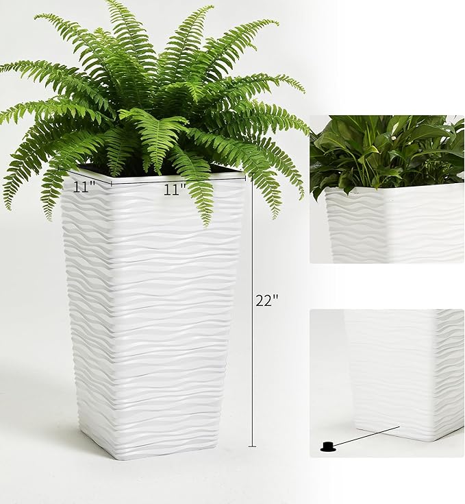 Worth Garden 22" Tall Planters Set of 2 - Plastic White Square Plant Pots with Drainage Hole - Modern Large Tapered Matte Wavy Tree Flower Pot for Indoor Outdoor Porch Deck WORTH