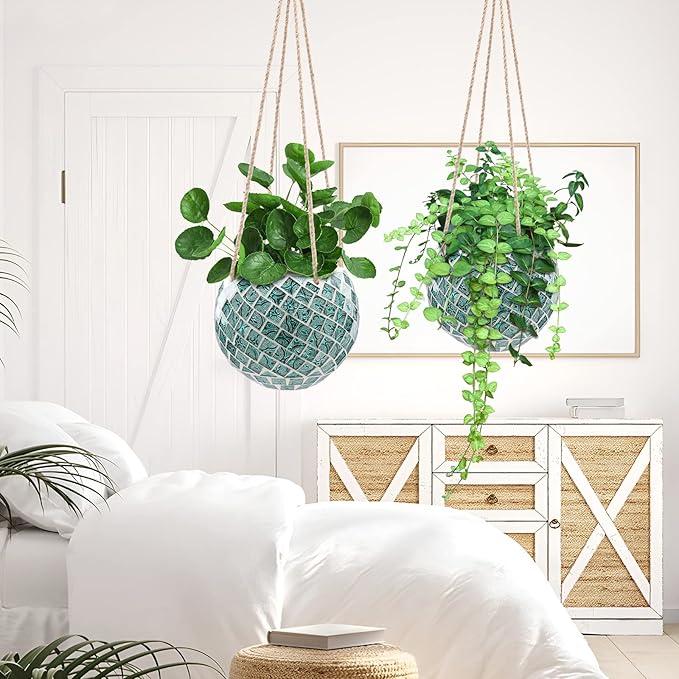 Ceramic Hanging Planter Mosaic Hanging Flower Pot Small Plant Pot for Indoor Plant Disco Ball Planter with Drainage Chonsun