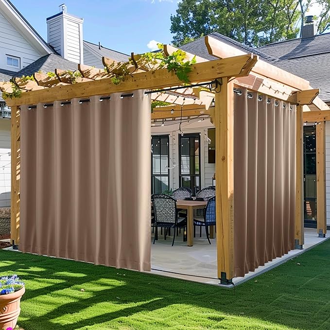NICETOWN 2 Panels Waterproof Outdoor Curtains for Patio, Windproof W100 x L84 Grommet & Back Tab on Top & Bottom Thermal Insulated Sun Blocking Privacy Drapes with Rope for Gazebo, Tan NICETOWN