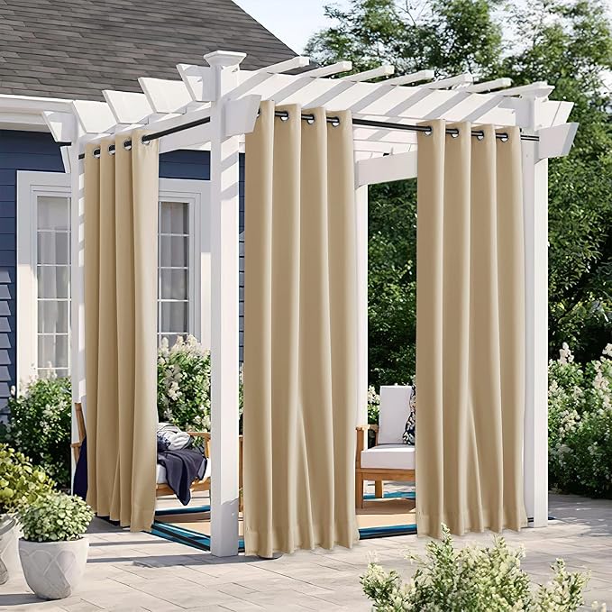 NICETOWN 2 Panels Outdoor Patio Curtains Windproof & Waterproof, Top & Bottom Grommet & Back Tab Light Blocking Drapes Keep Privacy for Yard/Porch with Ropes for Fixed, Biscotti Beige, W46 x L72 NICETOWN