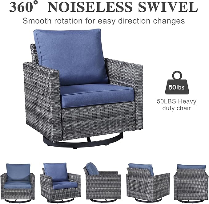 Belord 6 Piece Outdoor Furniture Patio Wicker Sofa Set, Oversize Outdoor Swivel Rocker Chairs with Rattan Ottomans, Conversation Sets Patio Furniture Come with Removable Washable Cushion Blue Belord