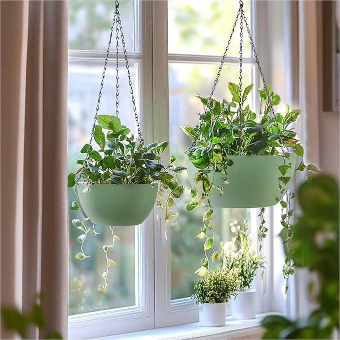 T4U 8 Inch Hanging Planter for Indoor Plants, 2 Pack Small Pots with Drainage Holes, Flower Basket Plant Holder for Home, Green T4U