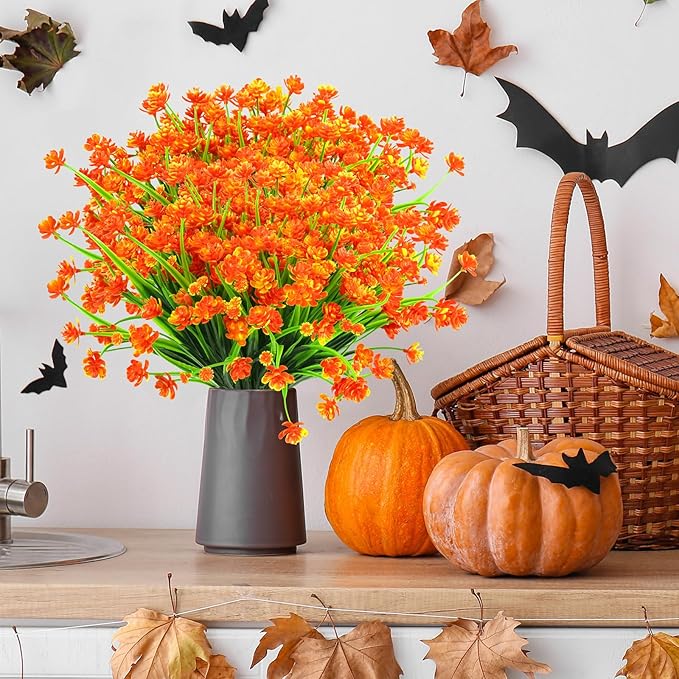 AGIRL 24 Bundles Artificial Fall Flowers Outdoor Indoor Decoration,Fake Plastic Flowers,Faux Mums Plant for Thanksgiving Fall Decor,for Hanging Outside Garden Front Door Porch Patio Window Box AGIRL