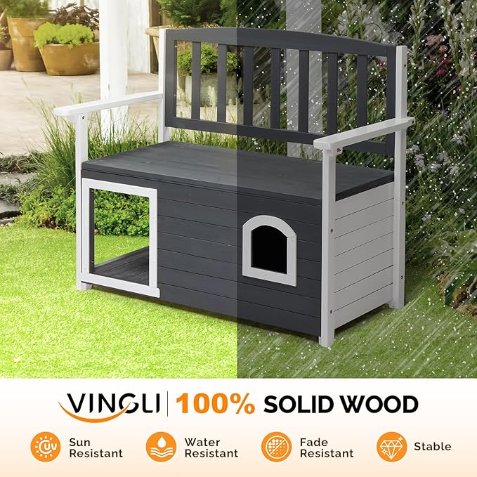 VINGLI Outdoor Storage Bench with Built-in Dog House, 2-in-1 Outdoor Waterproof Patio Bench with Pet Kennel for Patio Backyard Porch (Gray) VINGLI