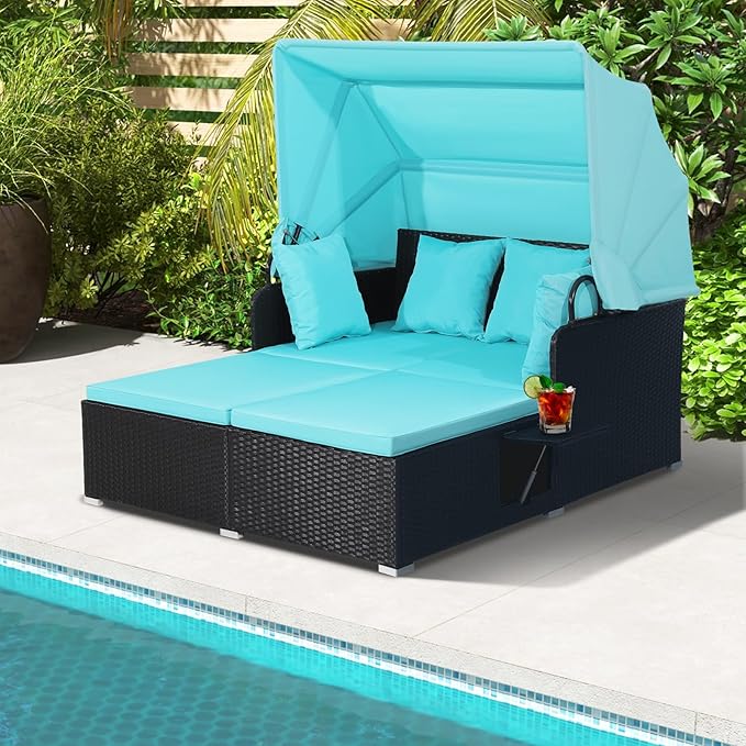 ORALNER Outdoor Daybed, 2-Person Wicker Patio Sofa with Retractable Canopy, Cushions & Pillows, 2 Side Trays, PE Rattan Double Sunbed Lounger for Deck Poolside Backyard Garden Balcony (Turquoise) ORALNER