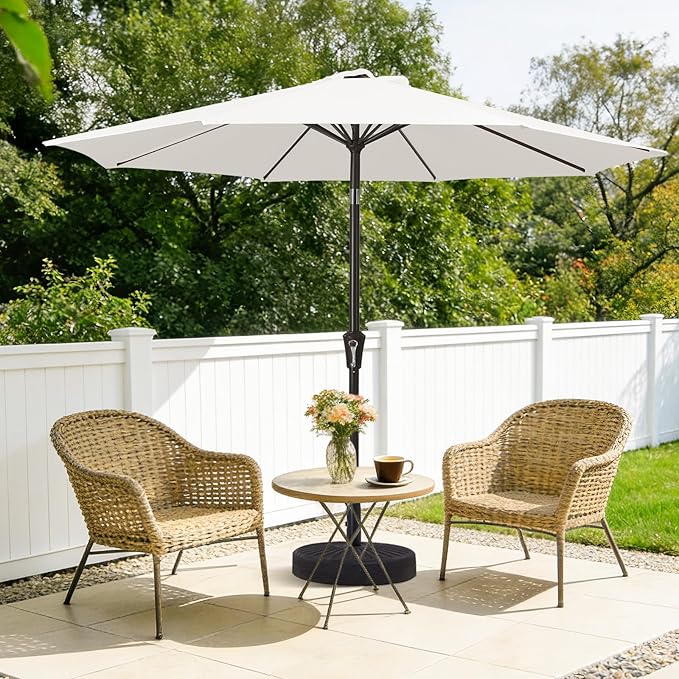 MEWAY 9ft Patio Umbrella Outdoor Table Umbrellas with Push Button Tilt and Crank, Market Umbrella 8 Sturdy Ribs for Deck, Garden, Pool and Backyard, Off-white MEWAY