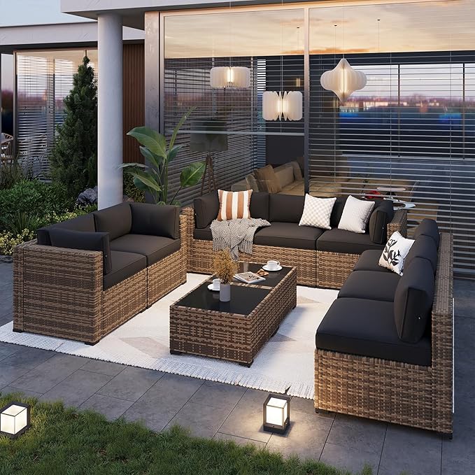Aoxun Patio Furniture Sets, 10-Piece Outdoor Patio Furniture with Thick Cushions, Wicker Outdoor Conversation Set Sectional Sofa for Backyard, Poolside, Garden Aoxun