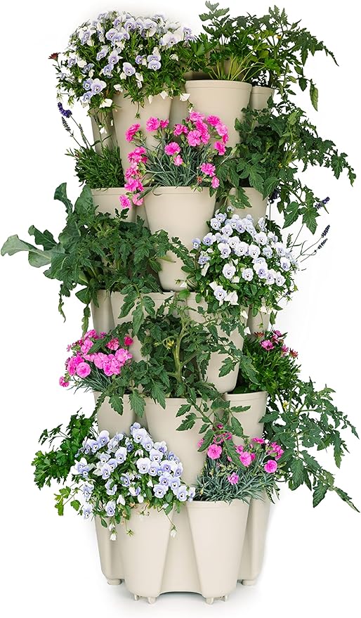 Greenstalk Patented Large 5 Tier Vertical Garden Planter with Patented Internal Watering System Great for Growing a Variety of Strawberries, Vegetables, Herbs, & Flowers (Stunning Stone) GreenStalkVerticalGardens