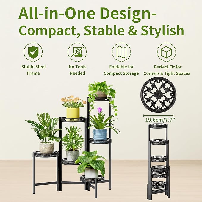 6 Tier Metal Plant Stand Indoor Outdoor, Corner Tall Plant Shelf for Multiple Plants, Foldable Heavy Duty Plant Holder, Decoration Flower Stand for Living Room Balcony Patio Garden- BlackWave Rootora