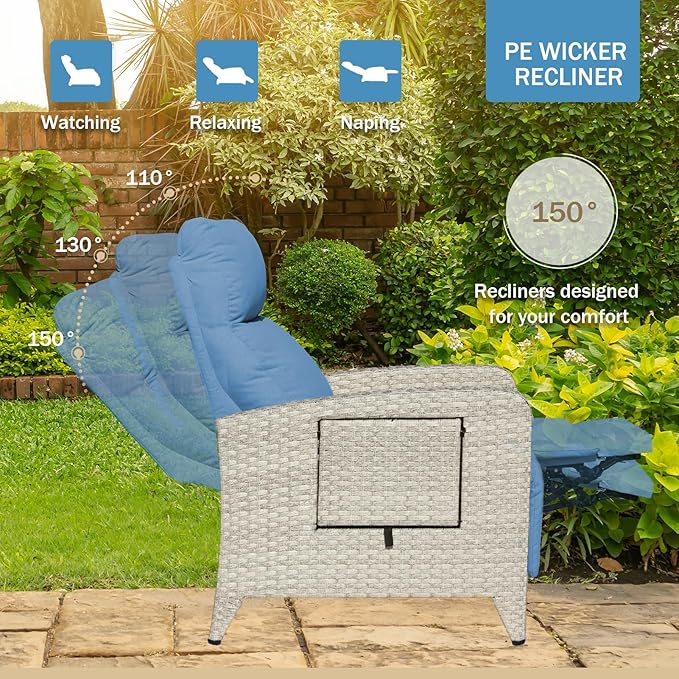 Outdoor Recliner Chairs Set of 2, Reclining Patio Chairs with Adjustable Back up to 150°Lay Flat and Extended Footrest, Wicker Recliner Chairs with Flip Table and Removable Olefin Cushion zzw