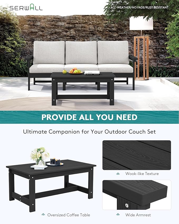 SERWALL HDPE Patio Sofa Set, 4-piece Sectional Outdoor Furniture Set, All Weather Outdoor Couch Set Patio Furniture Set for Deck, Lawn, Black Frame with Khaki Cushion SERWALL