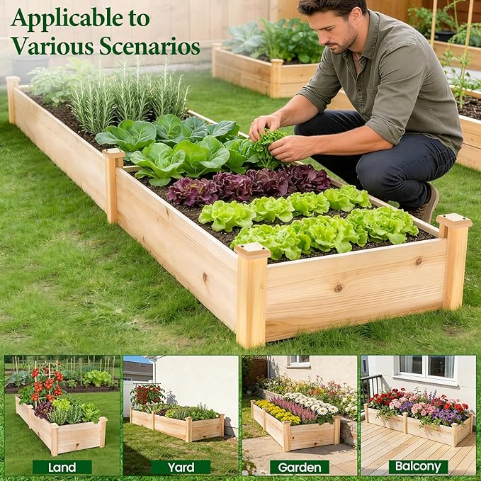 MIXC 8×2ft Wooden Horticulture Raised Garden Bed Divisible Elevated Planting Planter Box for Flowers/Vegetables/Herbs in Backyard/Patio Outdoor, Natural Wood MIXC