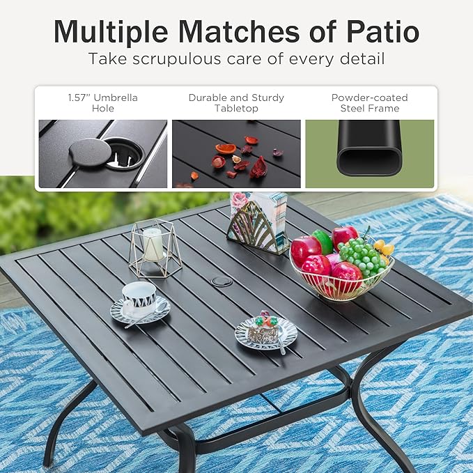 PHI VILLA 37 Inch Outdoor Dining Table Metal Steel Slat Square Patio Dining Table with 1.57" Umbrella Hole for Garden, Backyard and Porch (Classic Black) PHIVILLAThepioneerofcomfortablehouseholdsupplies