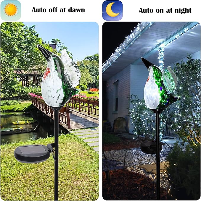 Afirst Decorative Solar Lights Outdoor Solar Hummingbird Stake Lights Hand Blown Glass Decorative Garden Pathway Light Outdoor Waterproof Glass Stakes Green Afirst